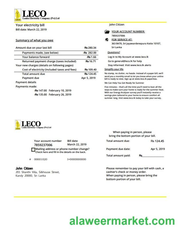 Sri Lanka LECO Company electricity utility bill template in Word and PDF format